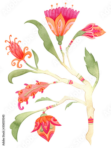 Beautiful watercolor paradise brunch with flowers. Fairytale folk hand painted illustration. Isolated on white.