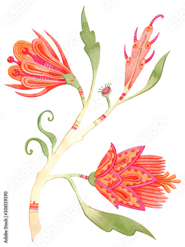 Beautiful watercolor paradise brunch with flowers. Fairytale folk hand painted illustration. Isolated on white.