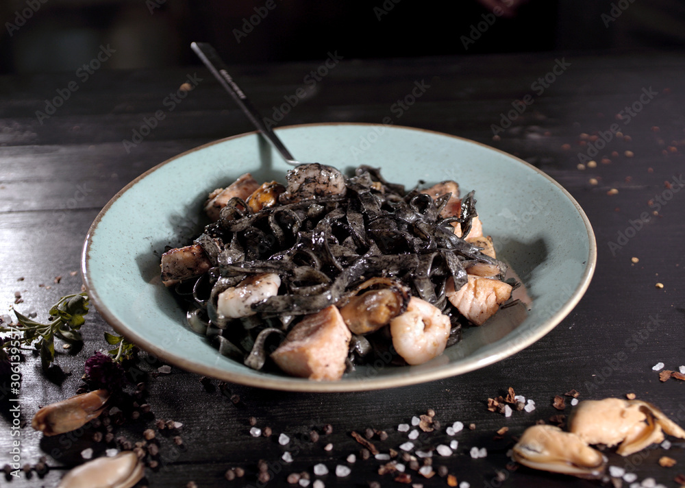 Black pasta and seafood mussel shrimp Black pasta and seafood mussel shrimp