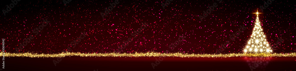 Golden Christmas tree isolated on red night background.