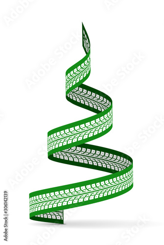 New Year tree made of tire tracks twisted in a spiral shape. Vector 3d illustration on a white background.