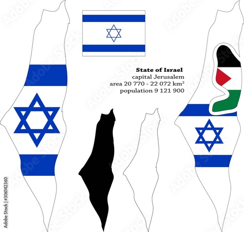 Israel, West Bank, Palestina vector map, flag, borders, mask , capital, area and population infographic
