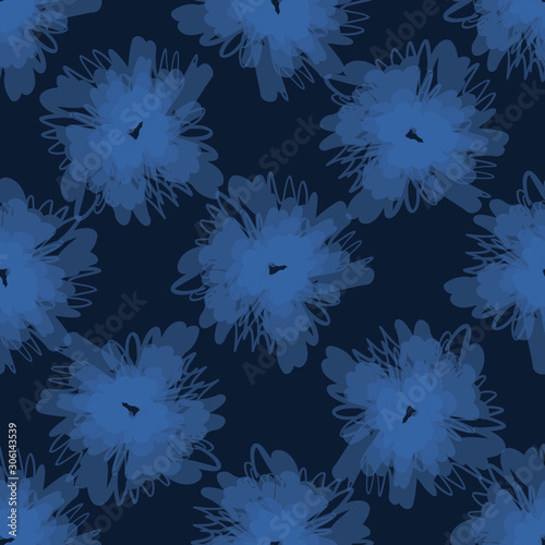 Shibori Background.Tie Dye Indigo Blue Flower Texture. Bleached Handmade Resist Seamless Pattern. Watercolor Dy Effect Textile. Classic Japanese or Indonesian All Over Print. Vector Repeat Tile Eps 10