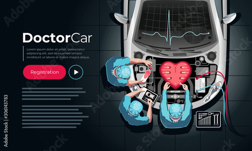Professional car engine repair in the form of a heart by car mechanics in doctors clothes. Landing page template.