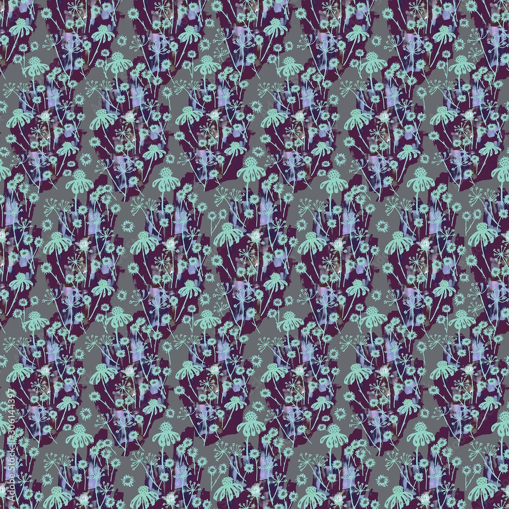 Obraz premium Abstract flowers and leaves repeat seamless pattern. Watercolor and digital hand drawn pattern. mixed technique for textile design and design