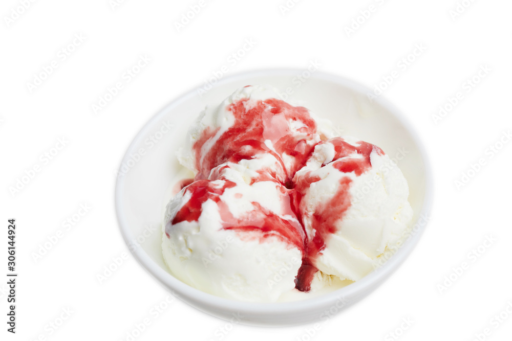 balls of white ice cream with red berry syrup in a white bowl on a white background. Top view balls of white ice cream with red berry syrup in a white bowl on a white background. Top view