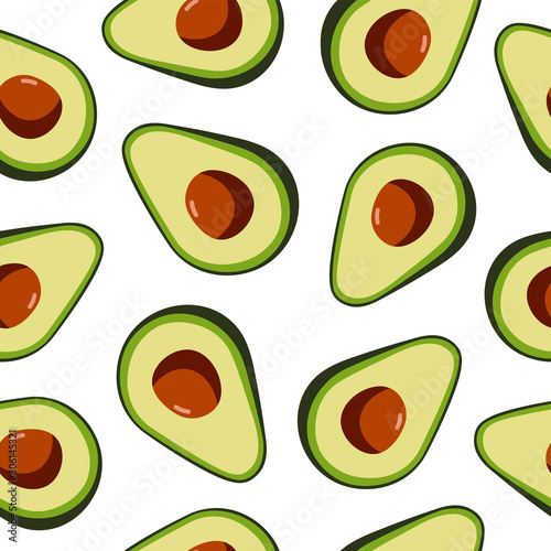 Avocado seamless pattern on white background. Perfect for textile, print, banners, vegan products packaging. Healthy food.  Vector hand draw illustration.