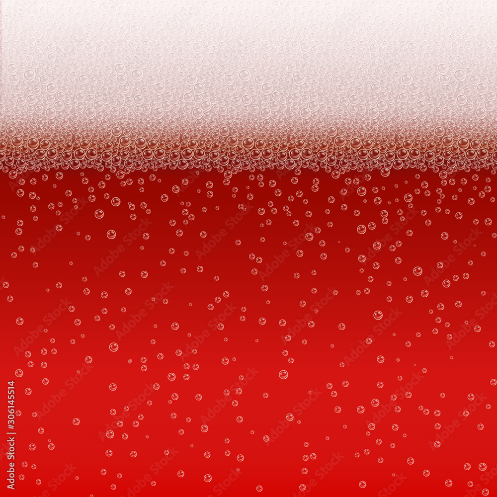 Realistic Bubbles and White Beer Foam. Cool Liquid Drink for Bar, Pub or Restaurant Menu Design. Red Ale Horizontal Beer Fest Background in Foam. Cold Glass of Ale for Brewery Design