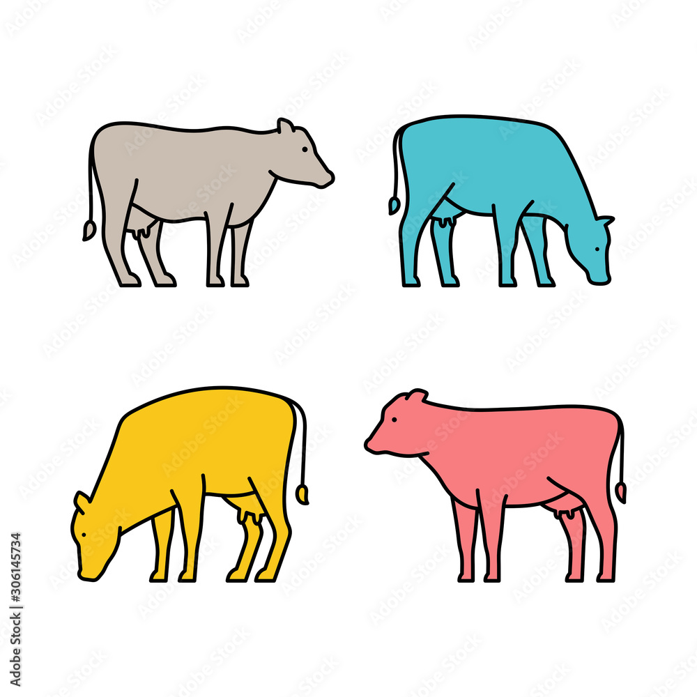 Fototapeta premium Linear Set of colored Cows icons. Icon design. Template elements