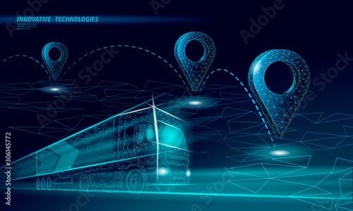 3D map point location business symbol. Realistic icon polygonal delivery worldwide truck car. Shipping online shopping direction city address position pin vector illustration
