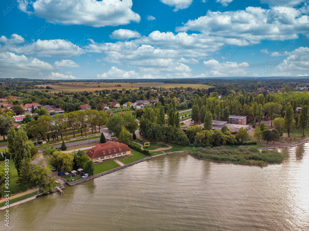 Aerial drone picture from a lake Balaton of Hungary, Balatonbereny