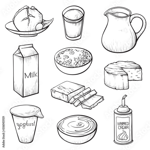 Dairy farm products hand drawn vector illustrations set