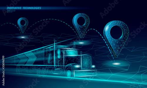 3D map point location business symbol. Realistic icon polygonal delivery worldwide truck car. Shipping online shopping direction city address position pin vector illustration