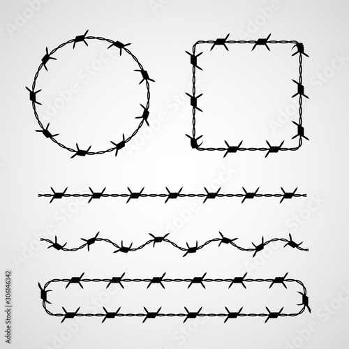 Barbed wire vector brush. Frames and borders for prison or incarceration concept isolated on white. Fight for freedom, refugees concept. Ominous silhouette of totalitarian government regime.