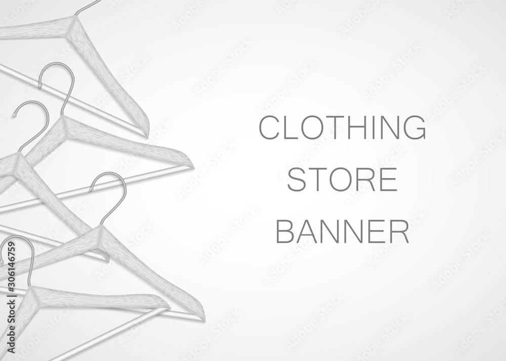 Obraz premium Coat rack set, white wooden texture realistic wardrobe vector symbol isolated on white. Clothing hanger, classic dressing room accessory. Sales and discounts shopping symbol. Apparel store sale banner