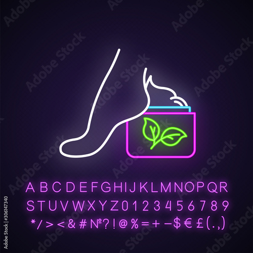 Foot cream jar neon light icon. Skincare product. Footcare lotion. Paraben free. Dry skin solution. Organic cosmetics. Glowing sign with alphabet, numbers and symbols. Vector isolated illustration