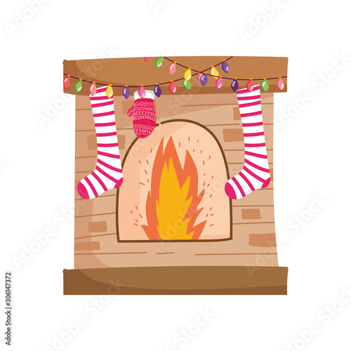 merry christmas celebration chimney socks mitten lights snowflakes