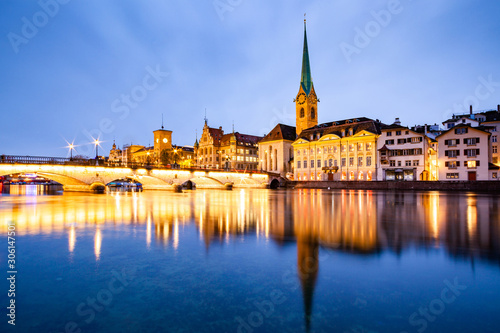 scenic view of historic Zurich city center with famous Fraumunster and Grossmunster Churches and river Limmat at Lake Zurich, Canton of Zurich, Switzerland © Melinda Nagy