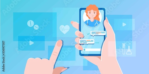 smartphone screen with female therapist on chat in messenger and an online consultation. Vector flat illustration. Ask doctor. Online medical advise or consultation service, tele medicine, cardiology