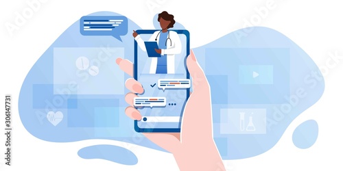 smartphone screen with female therapist on chat in messenger and an online consultation. Vector flat illustration. Ask doctor. Online medical advise or consultation service, tele medicine, cardiology