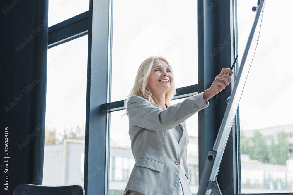 attractive mature businesswoman standing near window and pointing with pen at flipchart during business meeting attractive mature businesswoman standing near window and pointing with pen at flipchart during business meeting