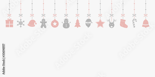 Hanging Christmas elements. Empty card with ornaments and copyspace. Vector illustration