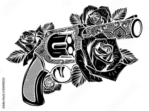 vector illustration of guns on the flower and ornaments floral with tattoo drawing style