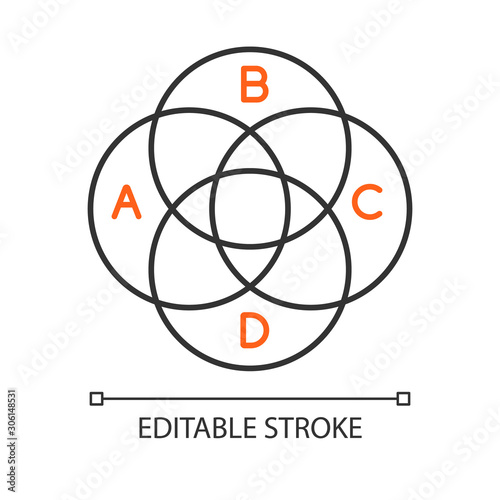 Venn diagram linear icon. Round chart. Overlapping circles. Intertwined graph. Marketing, business. Thin line illustration. Contour symbol. Vector isolated outline drawing. Editable stroke