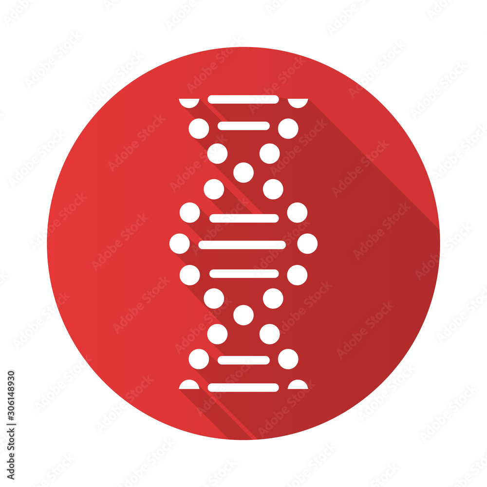 DNA spiral red flat design long shadow glyph icon. Connected dots, lines. Deoxyribonucleic, nucleic acid helix. Chromosome. Molecular biology. Genetic code. Genetics. Vector silhouette illustration DNA spiral red flat design long shadow glyph icon. Connected dots, lines. Deoxyribonucleic, nucleic acid helix. Chromosome. Molecular biology. Genetic code. Genetics. Vector silhouette illustration