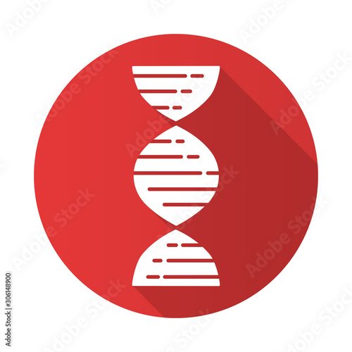 DNA double helix red flat design long shadow glyph icon. Deoxyribonucleic, nucleic acid. Chromosome. Molecular biology. Genetic code. Genome. Genetics. Medicine. Vector silhouette illustration