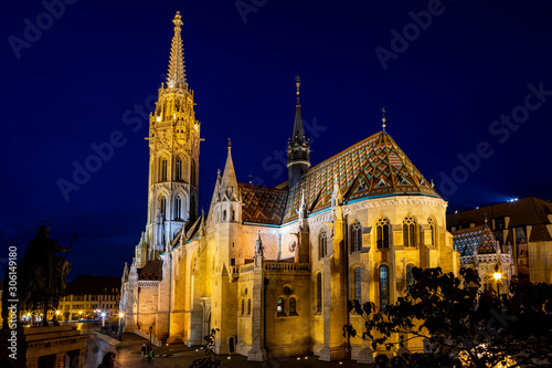 Newly renovated Mathias Church in Budapest is a big attraction for tourists all over the world. Budapest's beauty shown at night through many centuries of architecture, Hungary.