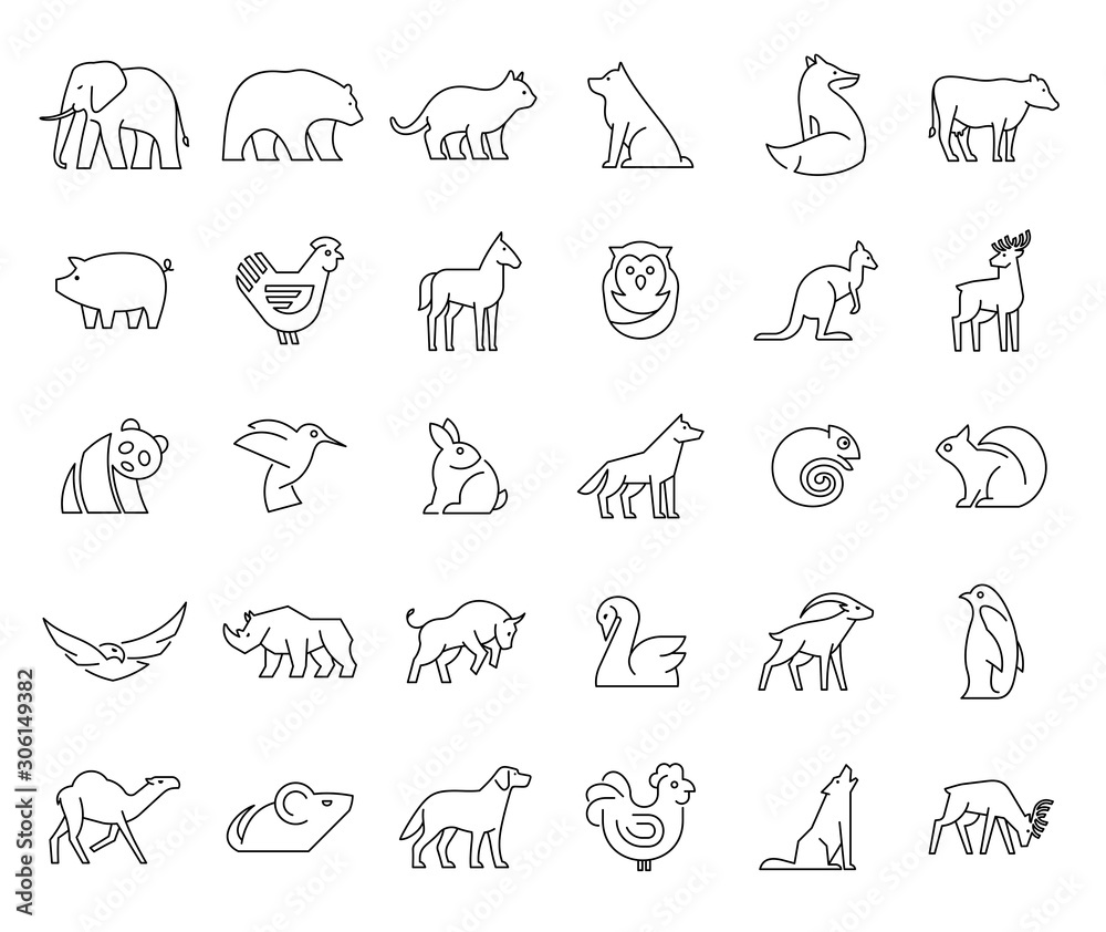 Linear collection of Animal icons. Animal icons set. Isolated on White background