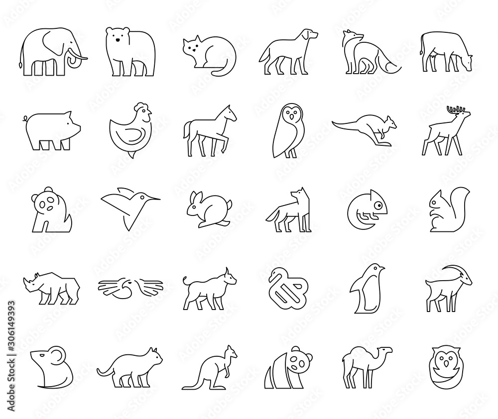 Linear collection of Animal icons. Animal icons set. Isolated on White background