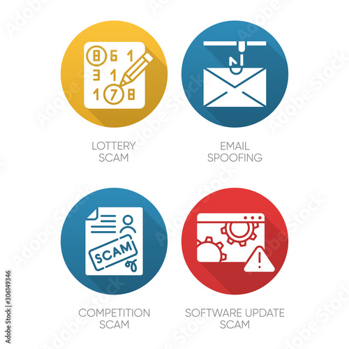 Scam types flat design long shadow glyph icons set. Lottery, competition fraudulent scheme. Email spoofing. Software update trick. Malware. Cybercrime. Vector silhouette illustration