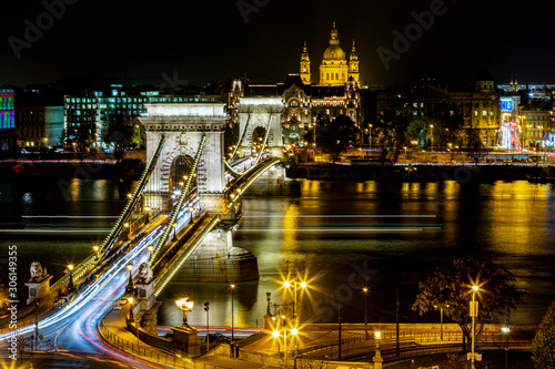  Chain Bridge at Budapest viewed from the Castle at night. The first permanent bridge across the Danube in Budapest, and was opened in 1849.