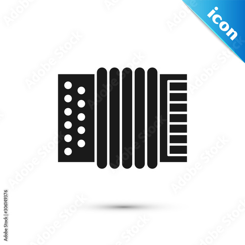 Black Musical instrument accordion icon isolated on white background. Classical bayan, harmonic. Vector Illustration