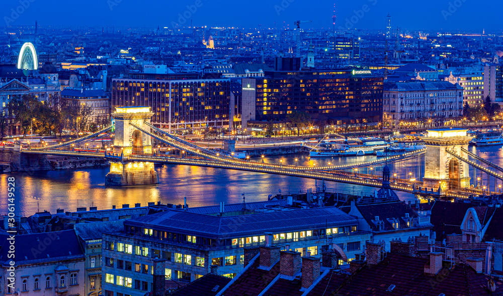  Chain Bridge at Budapest viewed from the Castle at night. The first permanent bridge across the Danube in Budapest, and was opened in 1849.