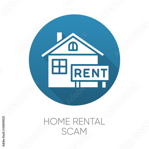 Home rental scam blue flat design long shadow glyph icon. House, apartment for rent. Fake real estate agent. Online fraud. Upfront payment. Fraudulent scheme. Vector silhouette illustration