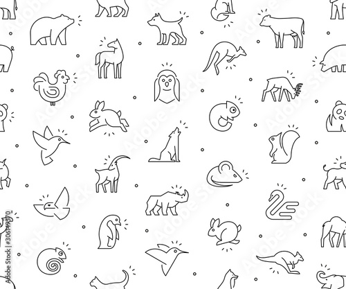 Seamless pattern with Animals icons. Animal icons set. Isolated on White background