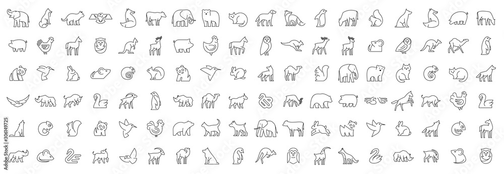 Fototapeta premium Liniowy zbiór ikon zwierząt. Zestaw ikon zwierząt. Na białym tle