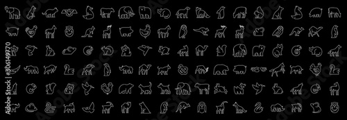 Linear collection of Animal icons. Animal icons set. Isolated on Black background