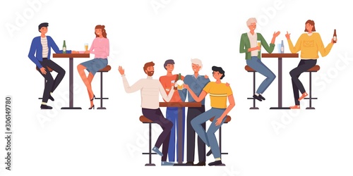 People having fun, sitting and drinking. Happy friends, business people at bar party vector concept. Colleague business party after work, date with girl, students having fun in a bar, pub, cafe