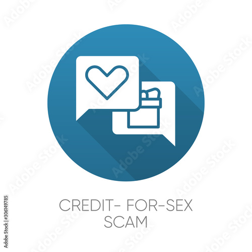 Credit-for-sex scam blue flat design long shadow glyph icon. Sexual favours. Dating, hookup fraud. Internet, web love scam. Cyber extortion. Fraudulent scheme. Vector silhouette illustration