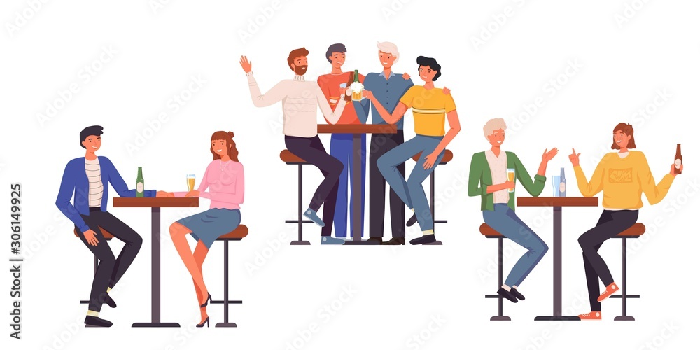 People having fun, sitting and drinking. Happy friends, business people at bar party vector concept. Colleague business party after work, date with girl, students having fun in a bar, pub, cafe