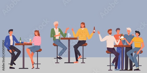 People having fun, sitting and drinking. Happy friends, business people at bar party vector concept. Colleague business party after work, date with girl, students having fun in a bar, pub, cafe