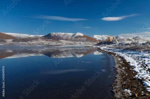 Mountain lake in autumn with reflection of snowy mountains and sky with clouds