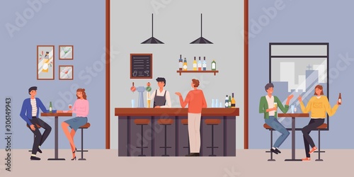 People having fun, sitting and drinking. Happy friends, business people at party vector concept. Colleague business party after work, date with girl, students in a pub. bartender standing at bar stand