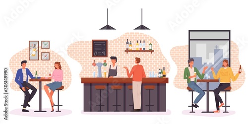 People having fun, sitting and drinking. Happy friends, business people at party vector concept. Colleague business party after work, date with girl, students in a pub. bartender standing at bar stand