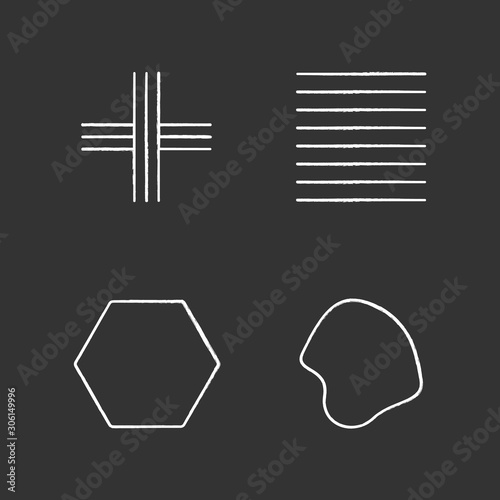 Geometric figures chalk icons set. Crossed stripes. Black ink strokes. Parallel lines. Flat solid hexagon. Filled fluid abstract shape. Isometric forms. Isolated vector chalkboard illustrations
