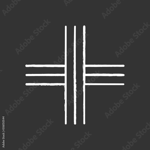 Cross chalk icon. Straight parallel stripes. Crossed strokes. Geometric cruciform figure. Decorative graphic element. Abstract shape. Isometric form. Isolated vector chalkboard illustration